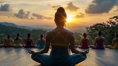 Generative AI Meditative Yoga Practice at Sunrise with Group in Scenic Outdoor Setting business concept.