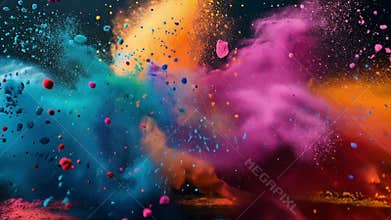 Bright powders of color burst into the air during a lively Holi festival, symbolizing joy and unity
