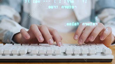 Hands of Male Person Typing Program Code on Computer Keyboard on Work Desk