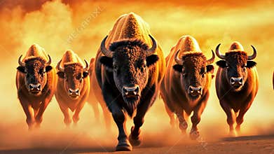 European bison charging through golden prairie, powerful silhouette against dramatic sunset, showcasing wild freedom in