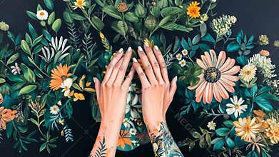 hands reaching towards lush blooming flowers, symbolizing connection with nature, growth, and beauty.