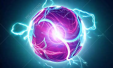 futuristic electric energy sphere radiating vibrant neon lightning zippers, surrounded by a glowing aura