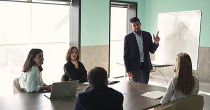 Confident Indian male business leader presenting sales marketing report