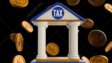 A government tax miniature building and raining gold coins