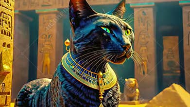 Golden Egyptian magical divine cat, cat in the temple of the Egyptian goddess Bastet