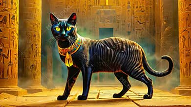 Golden Egyptian magical divine cat, cat in the temple of the Egyptian goddess Bastet