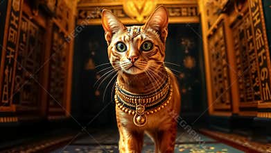 Golden Egyptian magical divine cat, cat in the temple of the Egyptian goddess Bastet