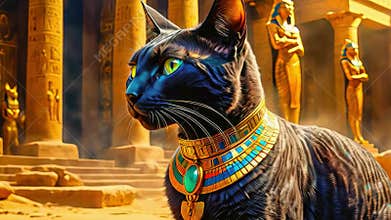 Golden Egyptian magical divine cat, cat in the temple of the Egyptian goddess Bastet
