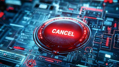 Bright red cancel button surrounded by intricate digital circuitry in a futuristic abstract design