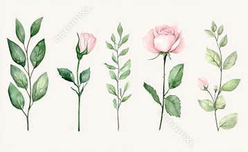 Design watercolor elements of pink roses, a garden flower collection, leaves, and branches. A botanical illustration