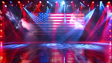 AI generated stage lit by blue and red spotlights, with American flag in the background