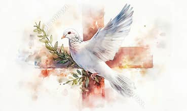 Dove with Olive Branch Symbolizing Peace and Hope, Watercolor Art with Cross Background, Soft Colors and Gentle