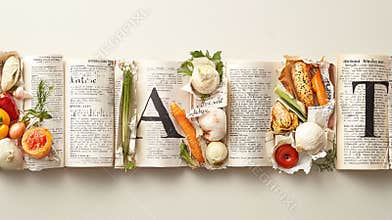 Fresh vegetables and fruits arranged on open books, symbolizing healthy eating