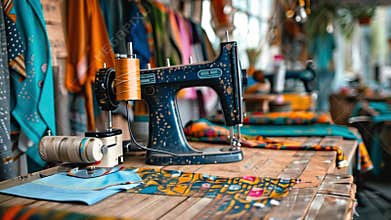 A vibrant sewing studio filled with colorful fabrics, vintage sewing machines, and creative energy during a sunny