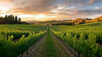 Vineyard rows at sunset, rolling hills backdrop, ideal for wine, travel, nature themes