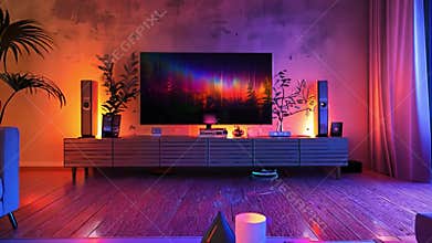 Cozy modern living room with ambient lighting and a large TV at dusk, featuring stylish furniture and plants for a