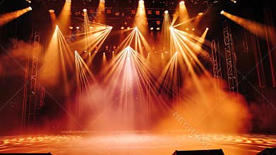 Multiple spotlights illuminate the stage, casting a captivating glow on the performance area. Dynamic, Ai Generated