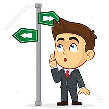 Businessman Looking at a Sign That Points in Many
