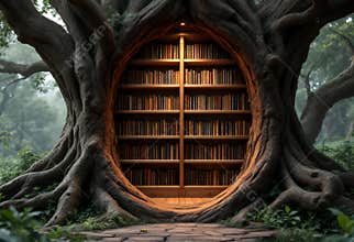 Enchanted Forest Library Amidst Lush Greenery Under Soft Light In A Mystical Setting