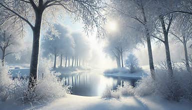 a serene winter landscape with a snow-covered forest surrounding a calm, reflective body of water.