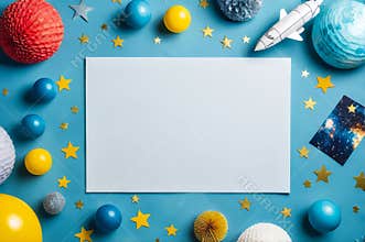 Blue background with a white sheet of paper and a bunch of stars and balloons