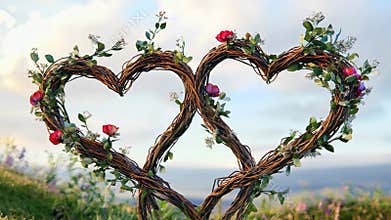 A pair of intertwined hearts made of vines and flowers, symbolizing unity and everlasting love
