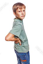 Osteochondrosis kid teenage boy holds hand behind