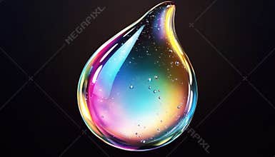 Glassy Water Droplets With Holographic Effects And Rainbow Reflections On A Black Background