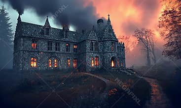 Burning castle, forest stream, autumn sunset, fantasy scene, game asset
