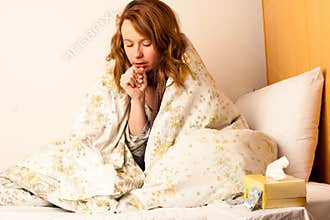 Sick woman cough in bed