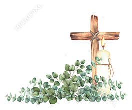 Burning candle with wooden Cross and Eucalyptus plant green branches Watercolor painted illustration