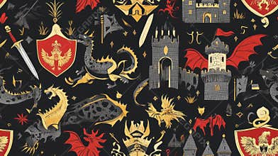 Medieval fantasy seamless pattern with castles and dragons
