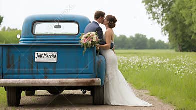 Newlyweds sharing passionate kiss beside rustic blue vintage truck, wedding sign hanging nearby in sunlit rural setting