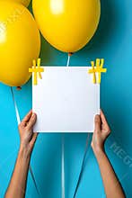 Hands holding a blank white paper against a bunch of large yellow balloons