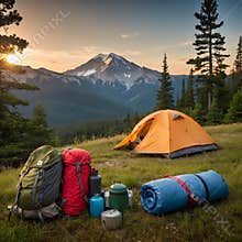 Fun Summer Camping Scene with Tent, Equipment, and Majestic Peaks