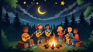 Fun Summer Camp Clipart with Campfire, Music, and Starlit Sky
