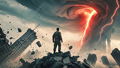 Apocalyptic Stand with Figure and Destruction, Digital Art Scene