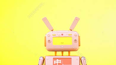 A robot with a yellow background and a white face with a red nose