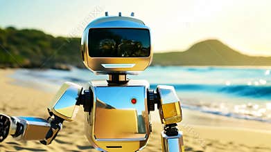 A robot is standing on a beach and waving
