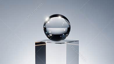A polished glass orb resting on a sleek pedestal, reflecting light and creating a modern aesthetic.