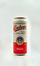 A closeup of a 500ml can of Budvar Czech lager