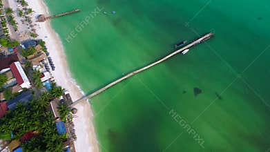 colorful stilt houses piers, boats on water. Great aerial view flight drone