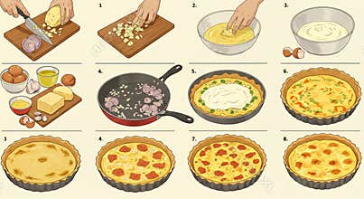 Step-by-Step Watercolor Quiche Recipe Illustration: Potato, Onion, and Cheese Tart Baking Guide