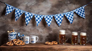 Oktoberfest scene with beer, pretzels, and bunting