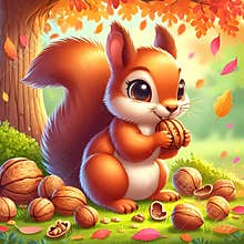 Adorable squirrel under a tree, eating a walnut, with scattered wallnut on ground, and falling leaves in gently, cartoon style