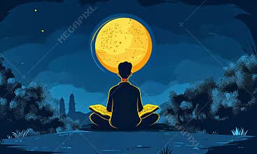 A person meditates outdoors under a large moon, reading ancient texts