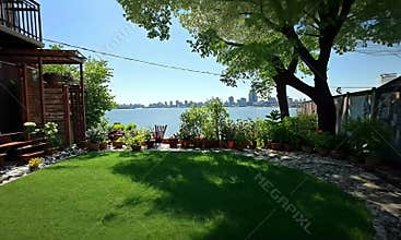 Serene backyard oasis with city views. Lush green lawn, decorative landscaping, and pergola provide a tranquil escape