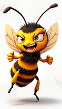 Fierce cartoon hornet zooms past 1729 bees. Angry expression, dynamic pose. Cute insect character flying. Animated illustration.