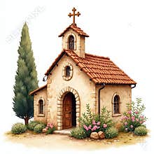 Watercolor clipart of antique church. Rustic building features stone walls, red tile roof, cross on top, surrounded by flower