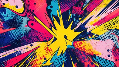 Vibrant comic book backdrop featuring dynamic action lines and bold halftone patterns in a colorful explosion of